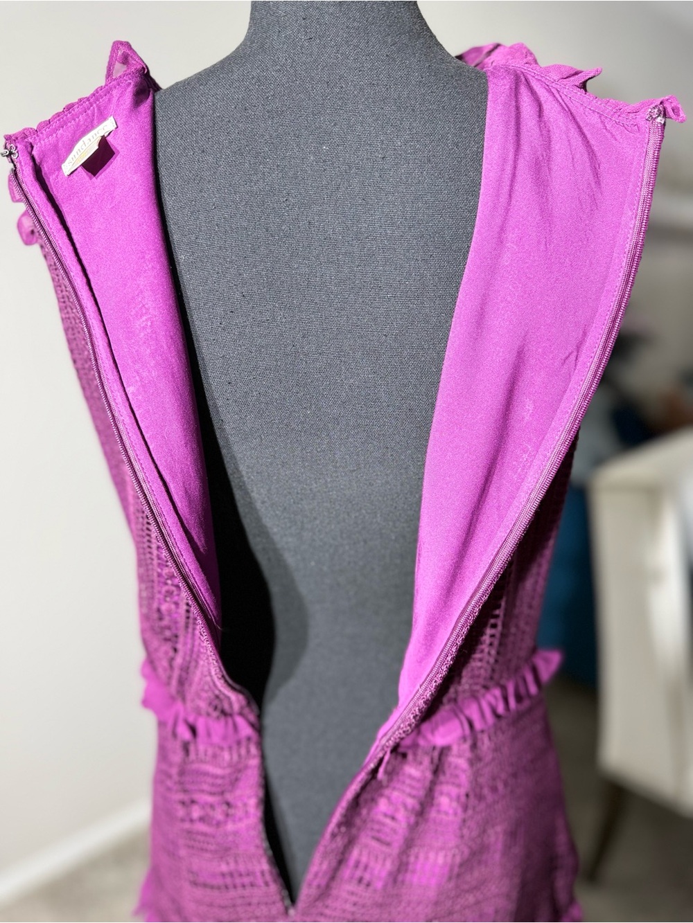 Sundance Boho Purple Crochet Lace Ruffle Midi Dress⁠  size Small - Picture 7 of 9